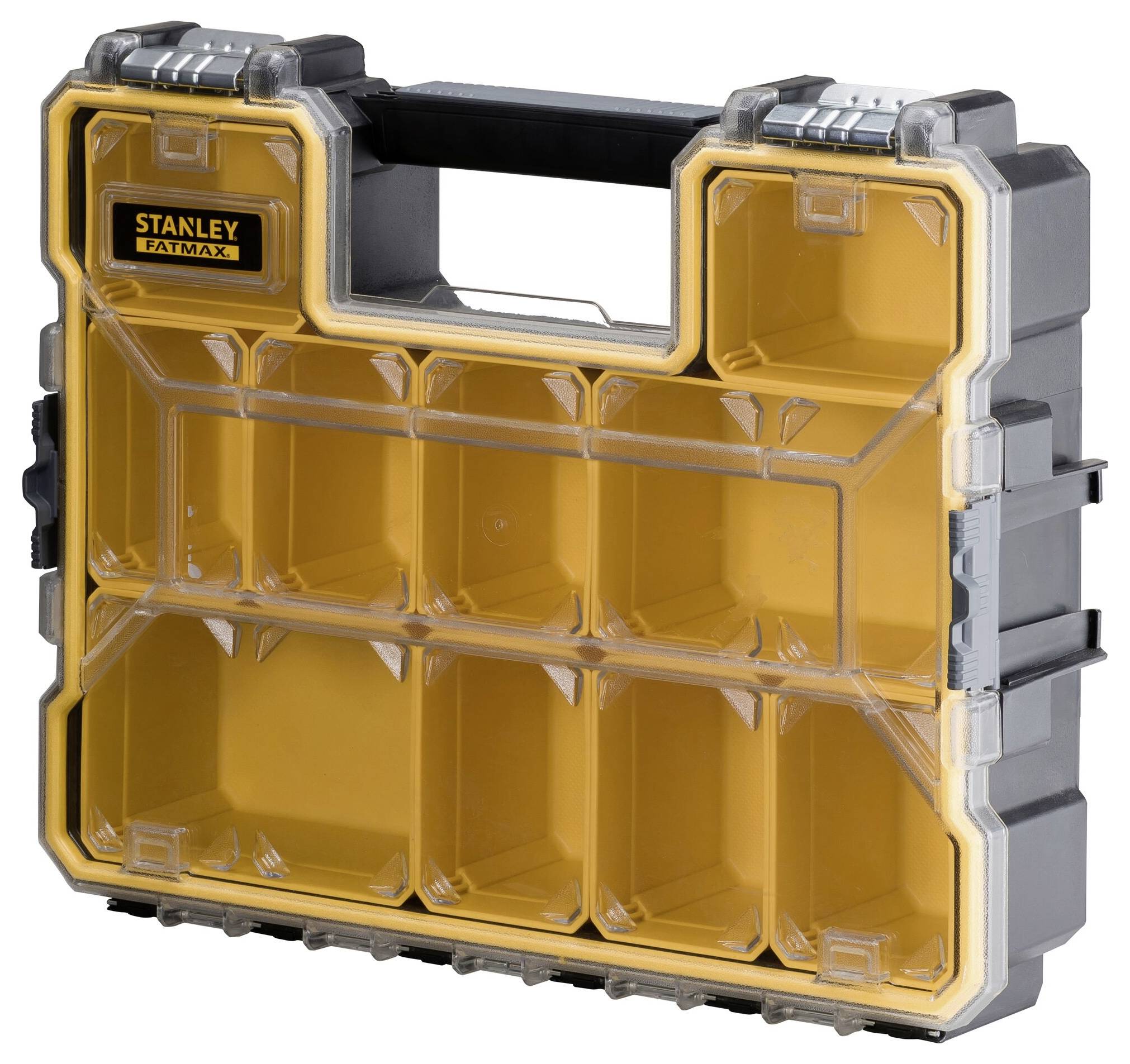 Genomskinlig plastförvaringsbox med svart ram och gult invändigt. Den har flera fack och ett handtag överst.