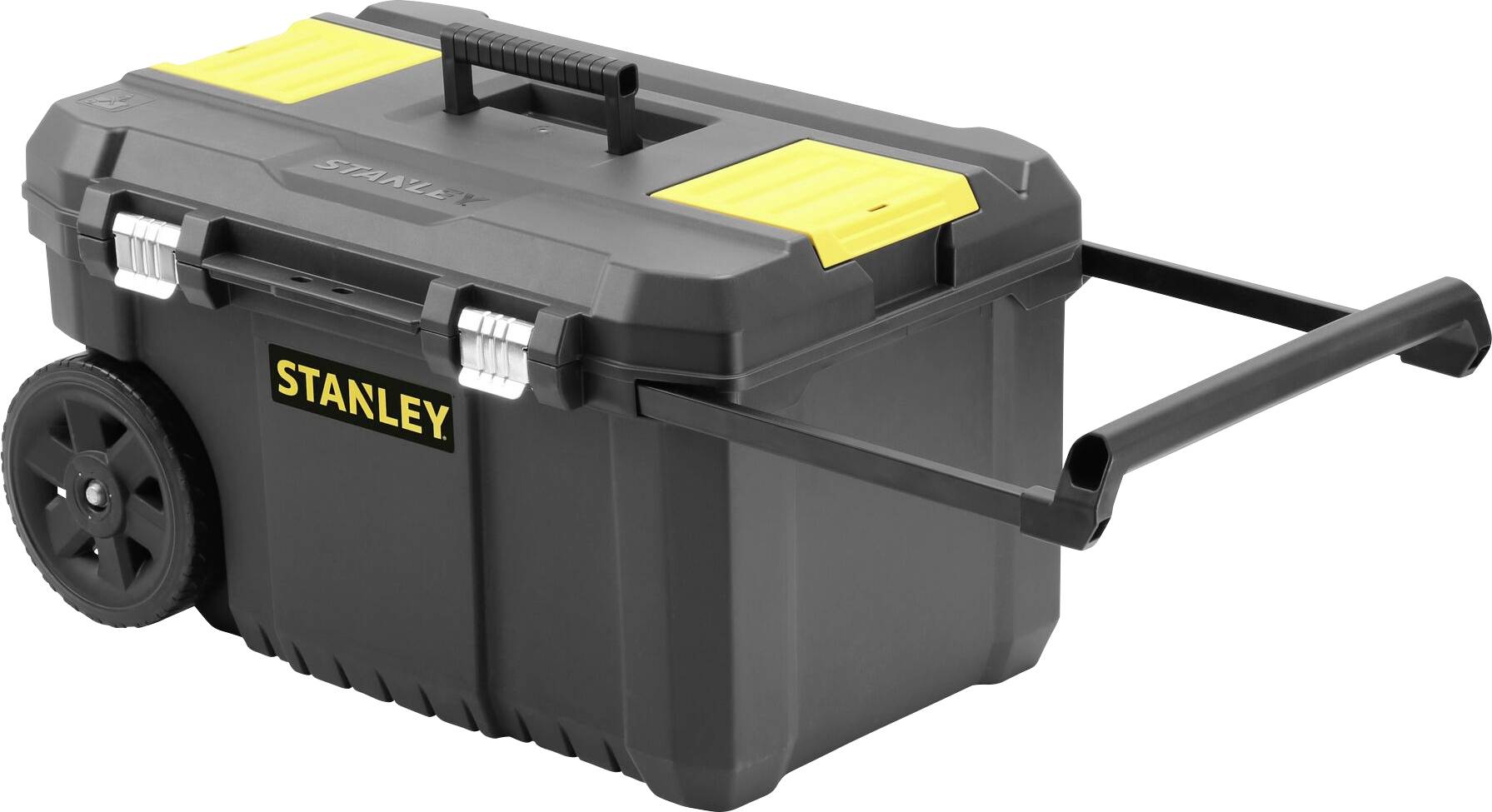 En svart verktygslåda på hjul med gula accenter och ett teleskophandtag. Märkt med logotypen 'STANLEY'.