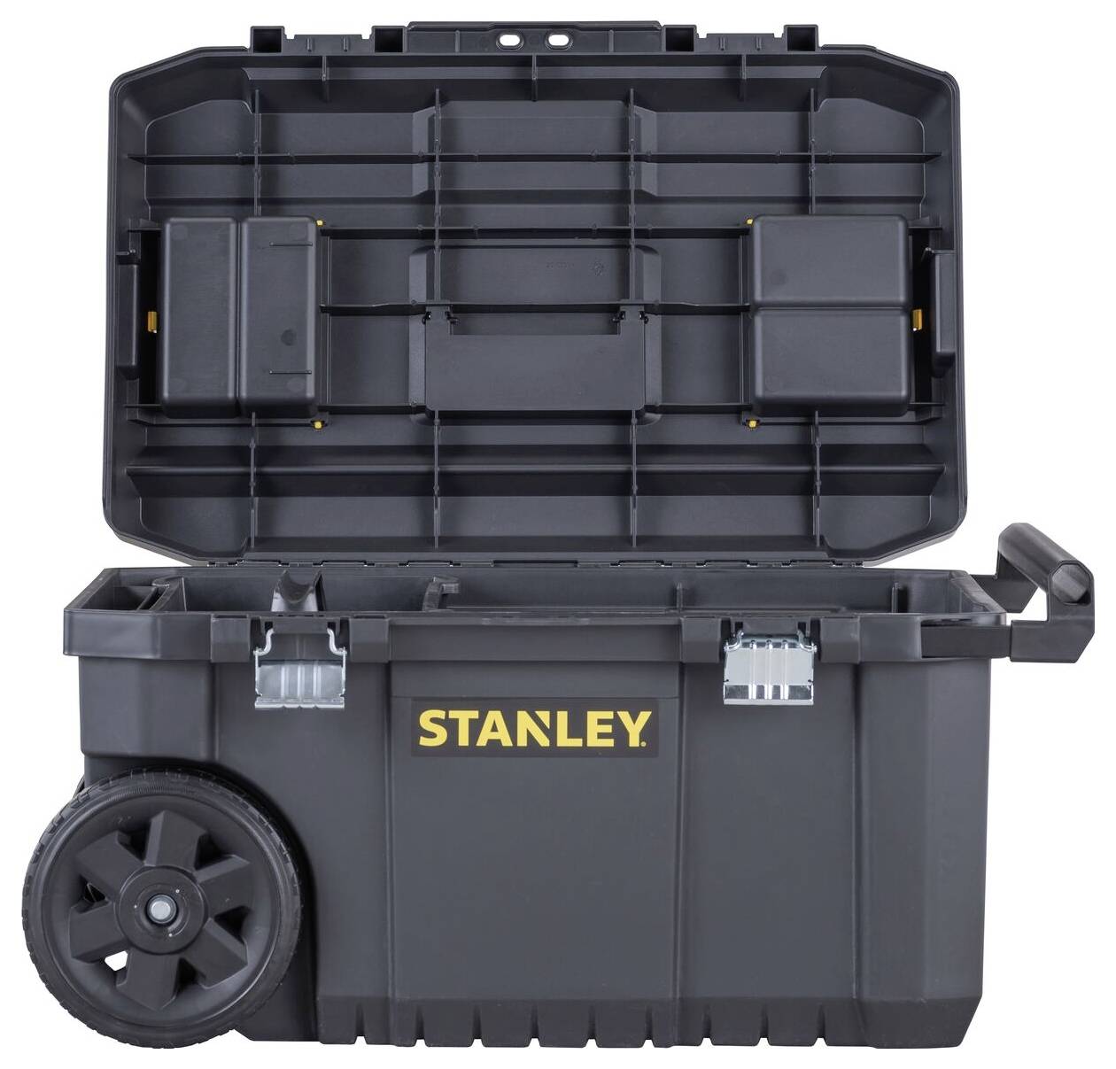 Stor svart verktygslåda med hjul och öppet lock, med texten 'Stanley' skriven på sidan. Lämplig för transport av verktyg.