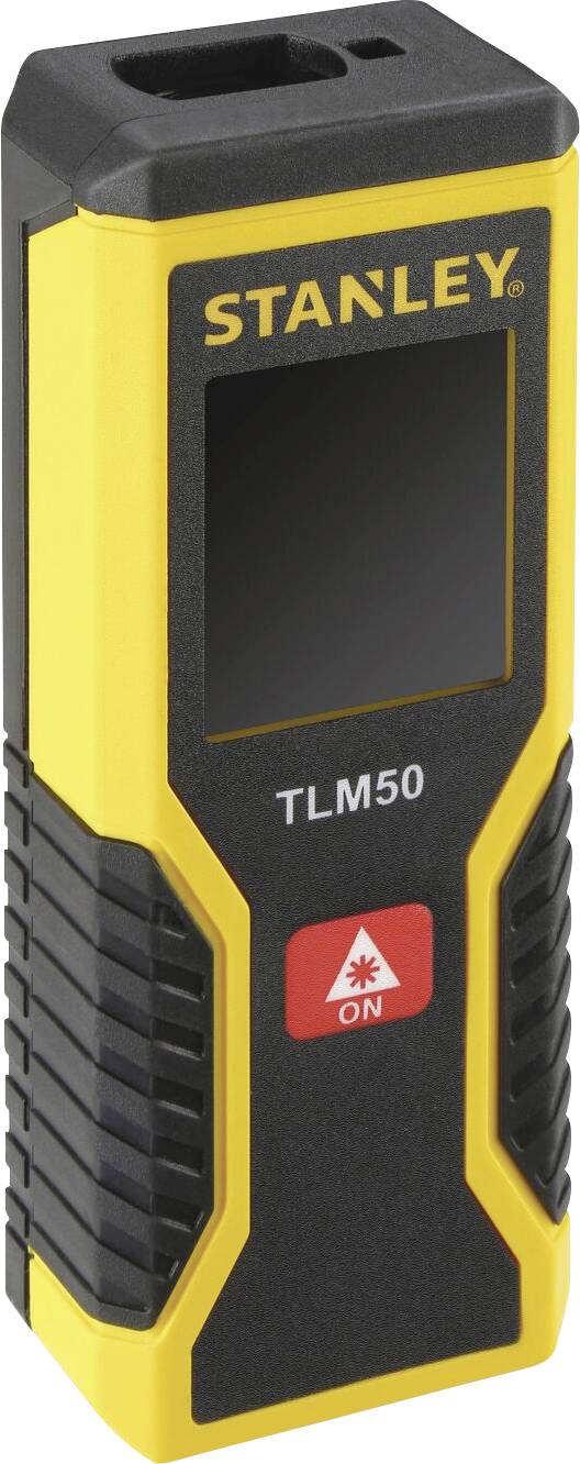 En gul och svart lasermätare från märket Stanley, modell TLM50, med på-/avknapp och display.