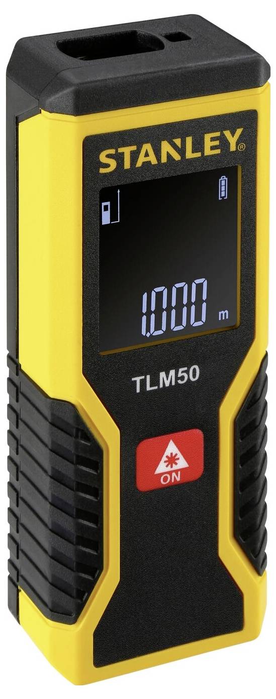 En gul och svart digital lasermätare med '1000 m' visad på skärmen. Märke 'Stanley', modell TLM50.