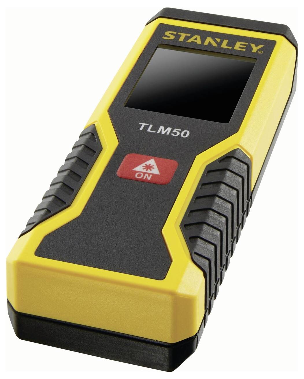 En gul och svart lasermätare från märket 'Stanley' med modellnummer TLM50, en röd 'På'-knapp och en display.