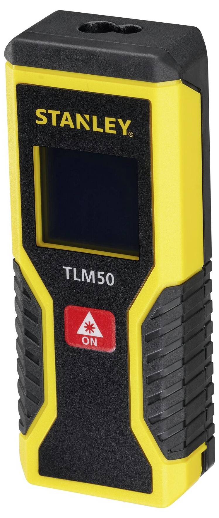 En gul avståndsmätare med inskriften 'STANLEY' överst och 'TLM50' därunder. En röd knapp med ett lasersymbol är synlig.