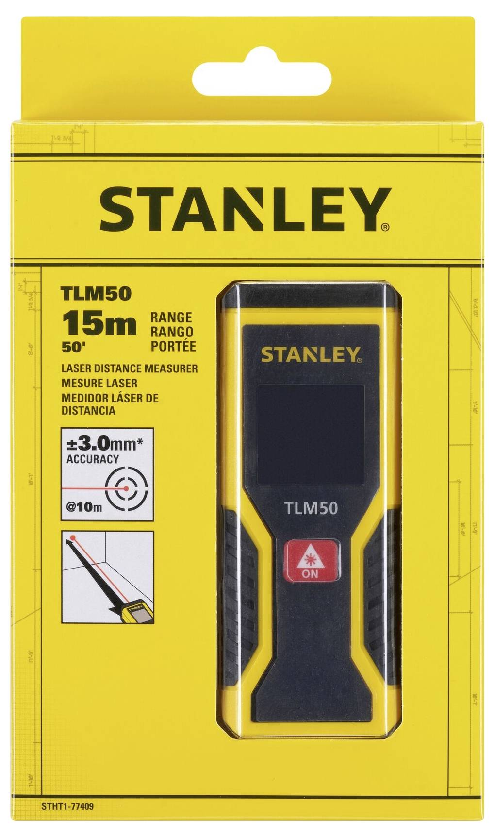 'Stanley TLM50 lasermätare med 15m räckvidd, ±3,0mm noggrannhet, 10m avståndssensor, i gul förpackning.'