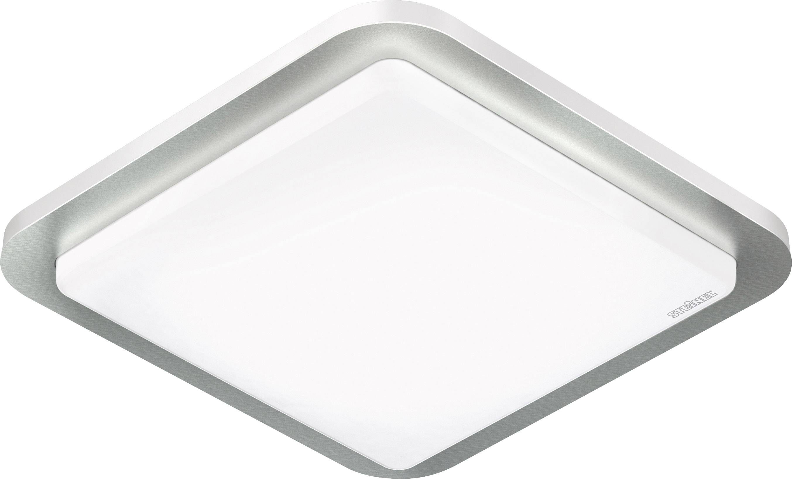 Fyrkantig LED-taklampa med silverram och matt vit diffusor, lämplig för moderna bostadsrum eller kontor.