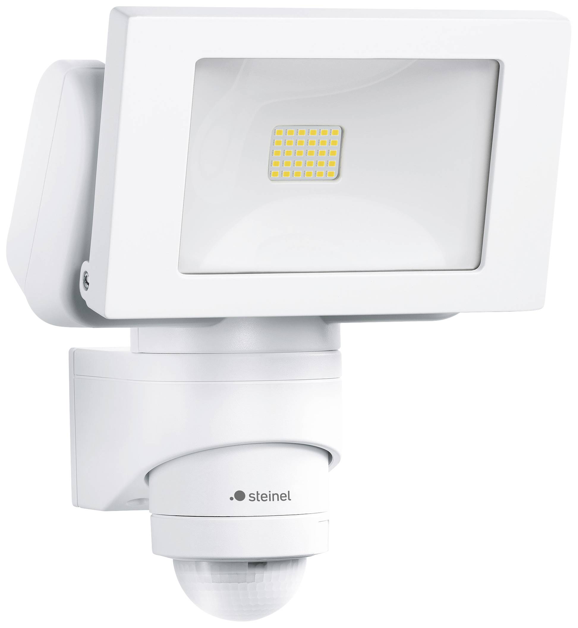 En vit utomhuslampa med rörelsesensor, rektangulär LED-yta upptill, rund sensor nedtill, varumärke 'steinel'.