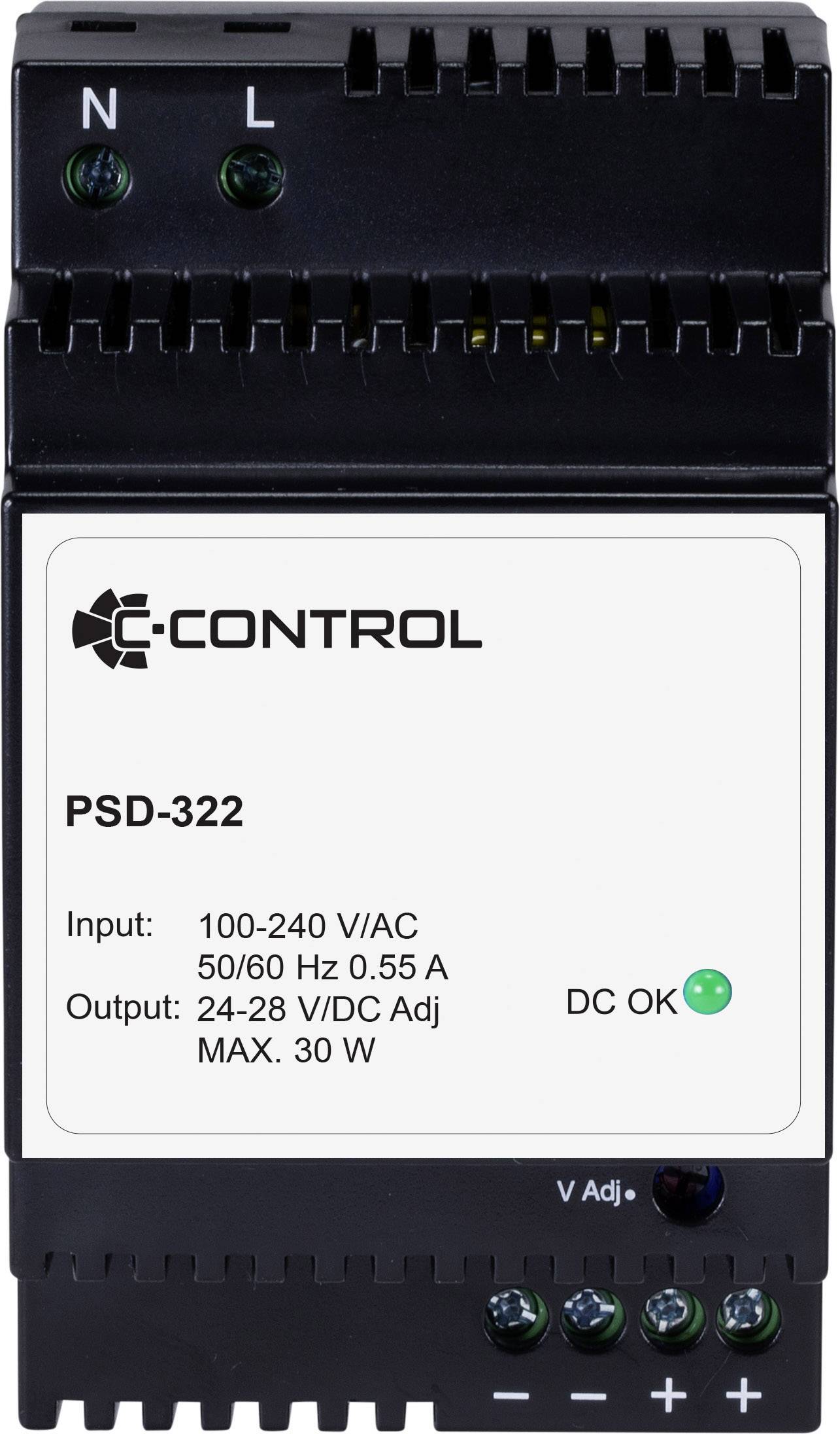 C-Control PSD-322 DIN-skena nätaggregat Förbrukning (standby) 0.3 W 24 V/DC 1.25 A 30 W Antal utgångar:1 x Innehåll 1 st