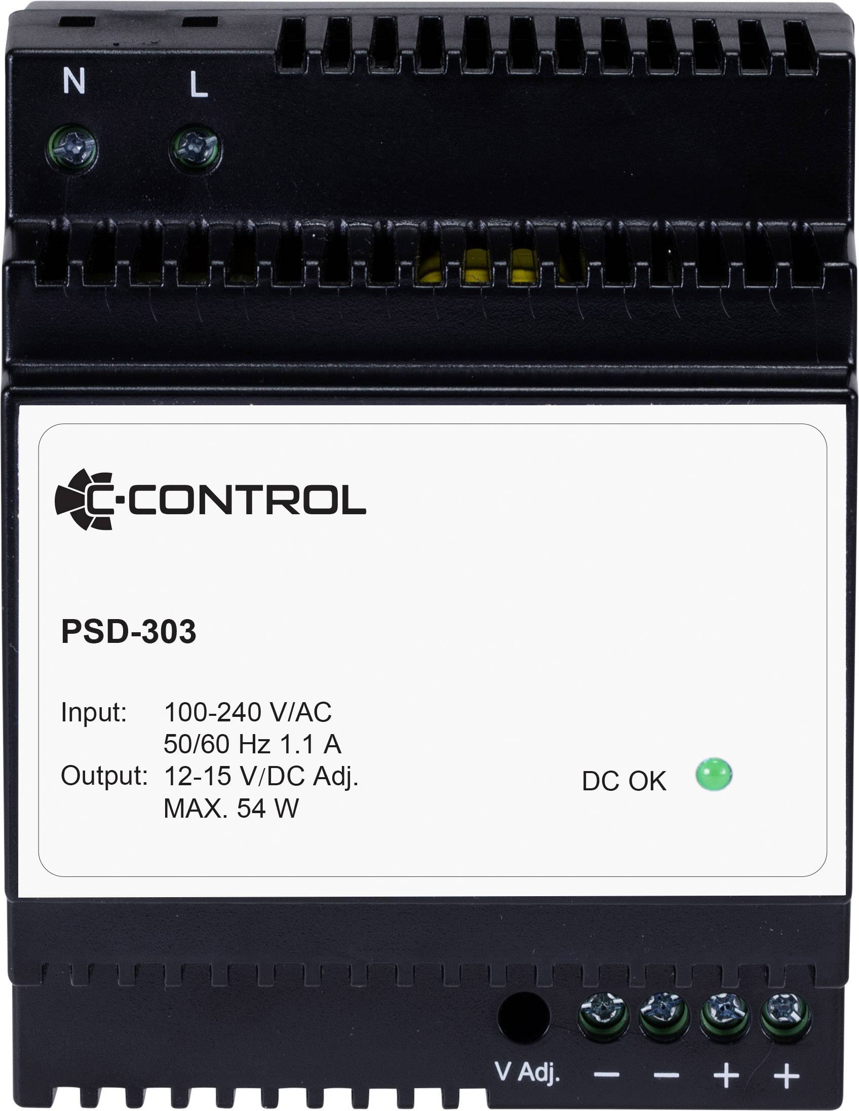C-Control PSD-303 DIN-skena nätaggregat Förbrukning (standby) 0.3 W 12 V/DC 4.5 A 54 W Antal utgångar:1 x Innehåll 1 st