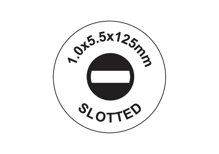 En symbol visar en rund skruvspets med ett spår. Text: '1.0x5.5x125mm SLITSAD'.