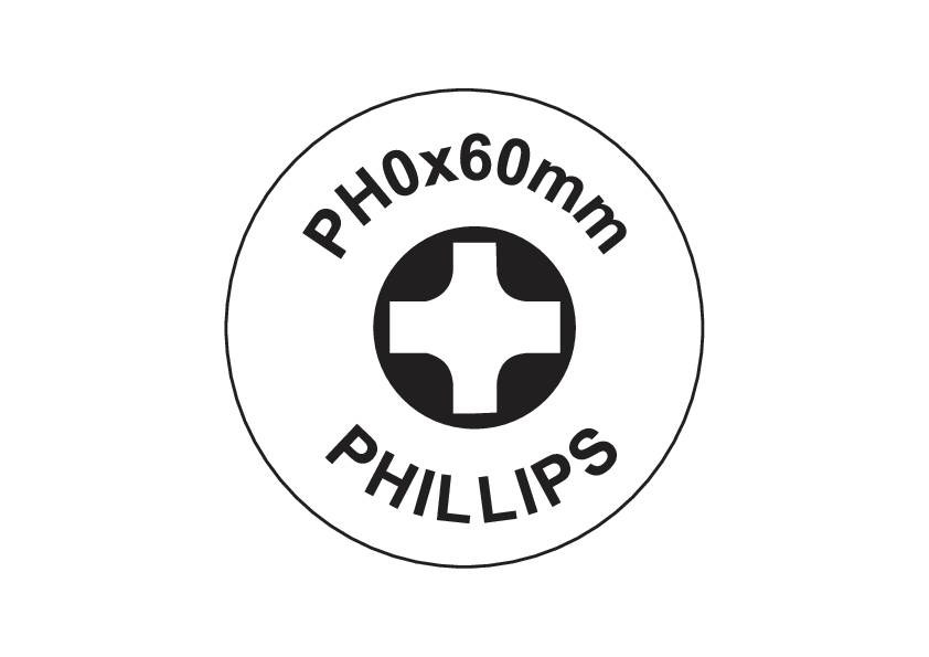 Skruvhuvud med Phillips krysspårsprofil, graverad med PH0x60mm PHILLIPS.