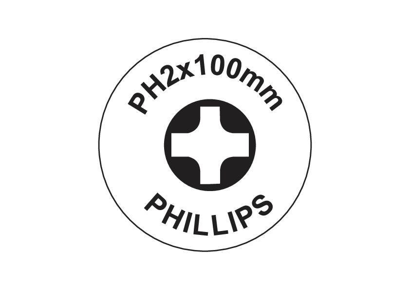 Huvudet på en PH2 x 100 mm Phillips skruvmejsel med ett korsformat profil visar att den är lämplig för Phillips-skruvar.