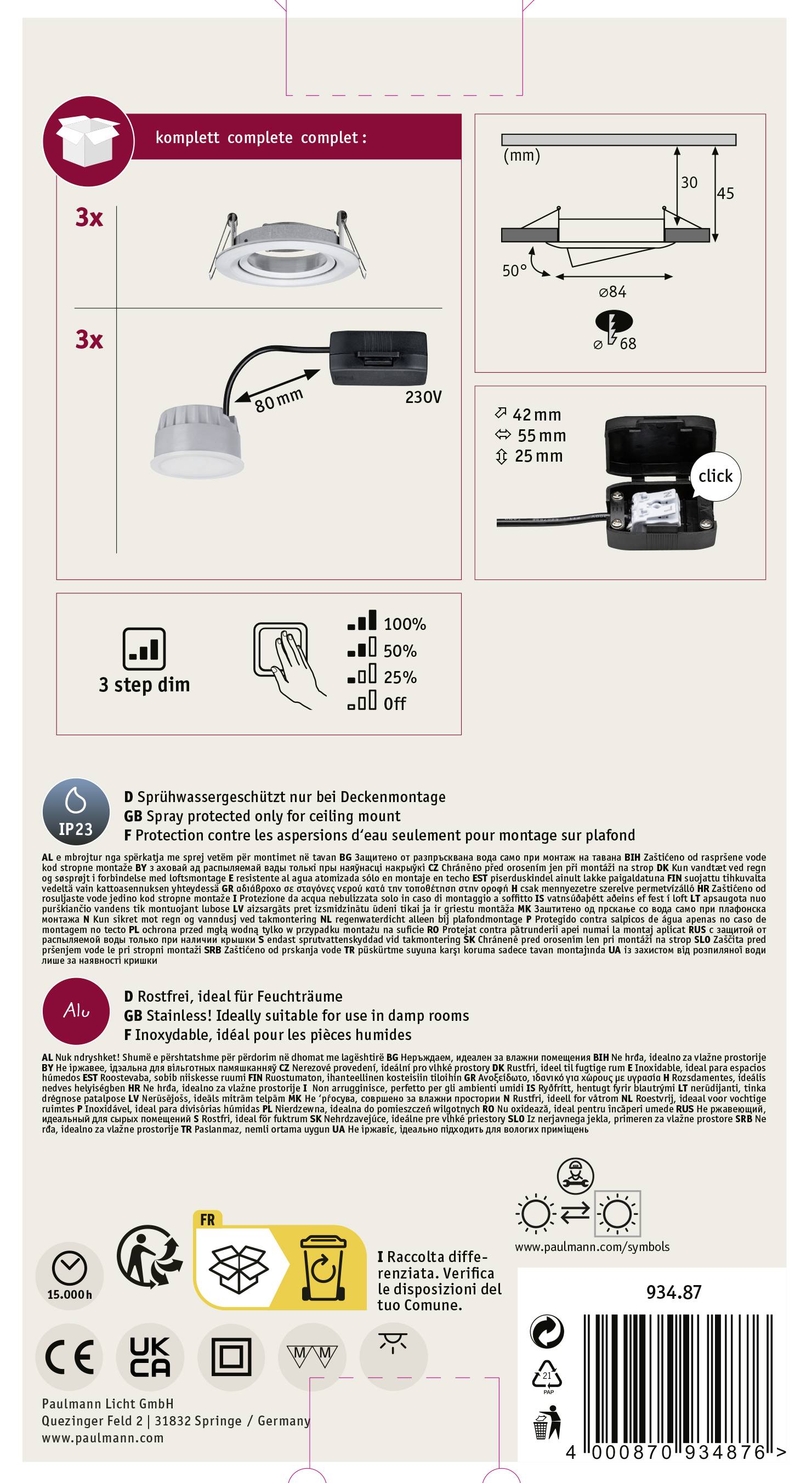 Förpackning för en LED-takspotlight: Innehåller 3 lampor, monteringsdetaljer och installationsdiagram. Varningsanvisningar inkluderar lämpad för inomhusbruk.