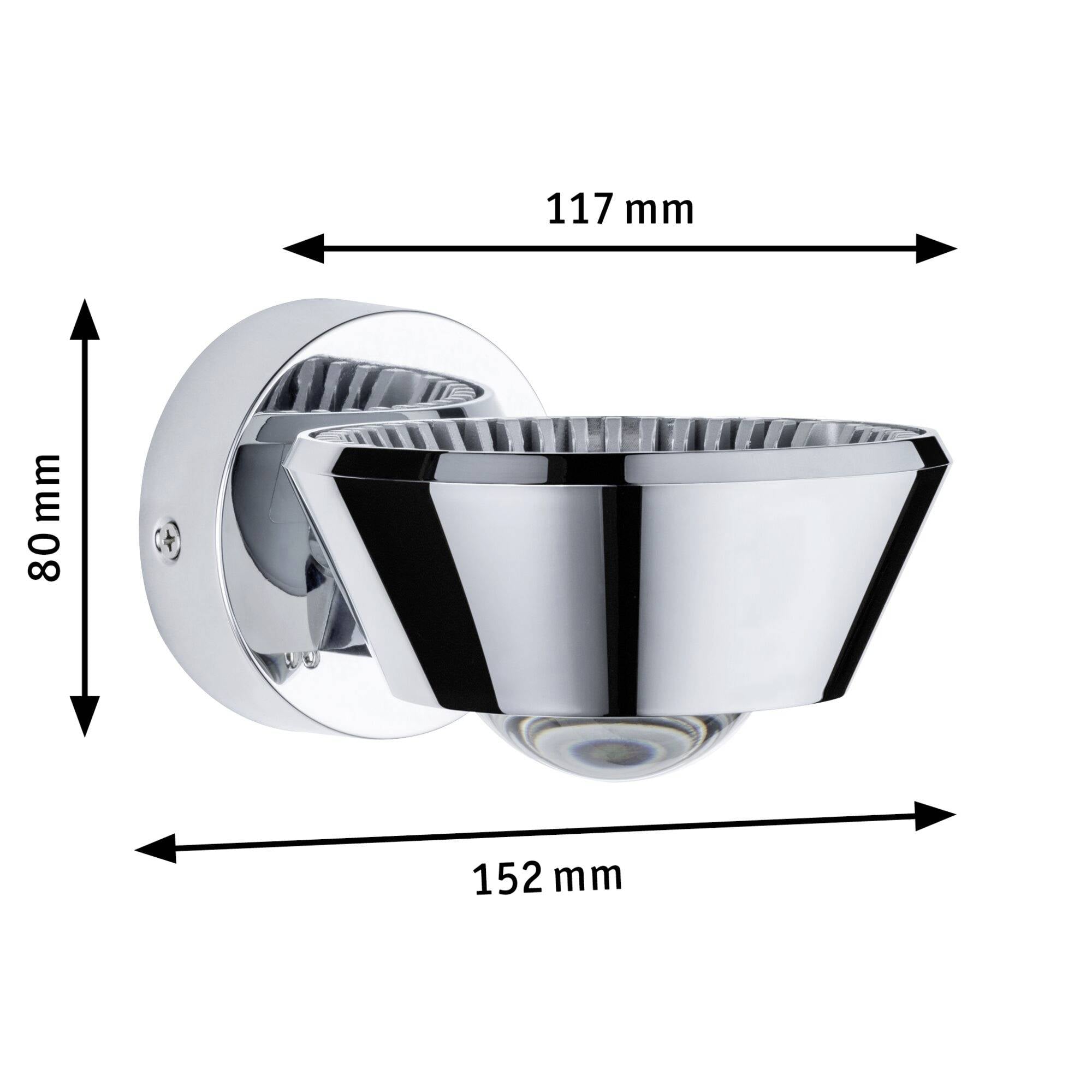 Vägglampa i kromoptik, mäter 80 mm i höjd, 117 mm i djup och har en diameter på 152 mm.