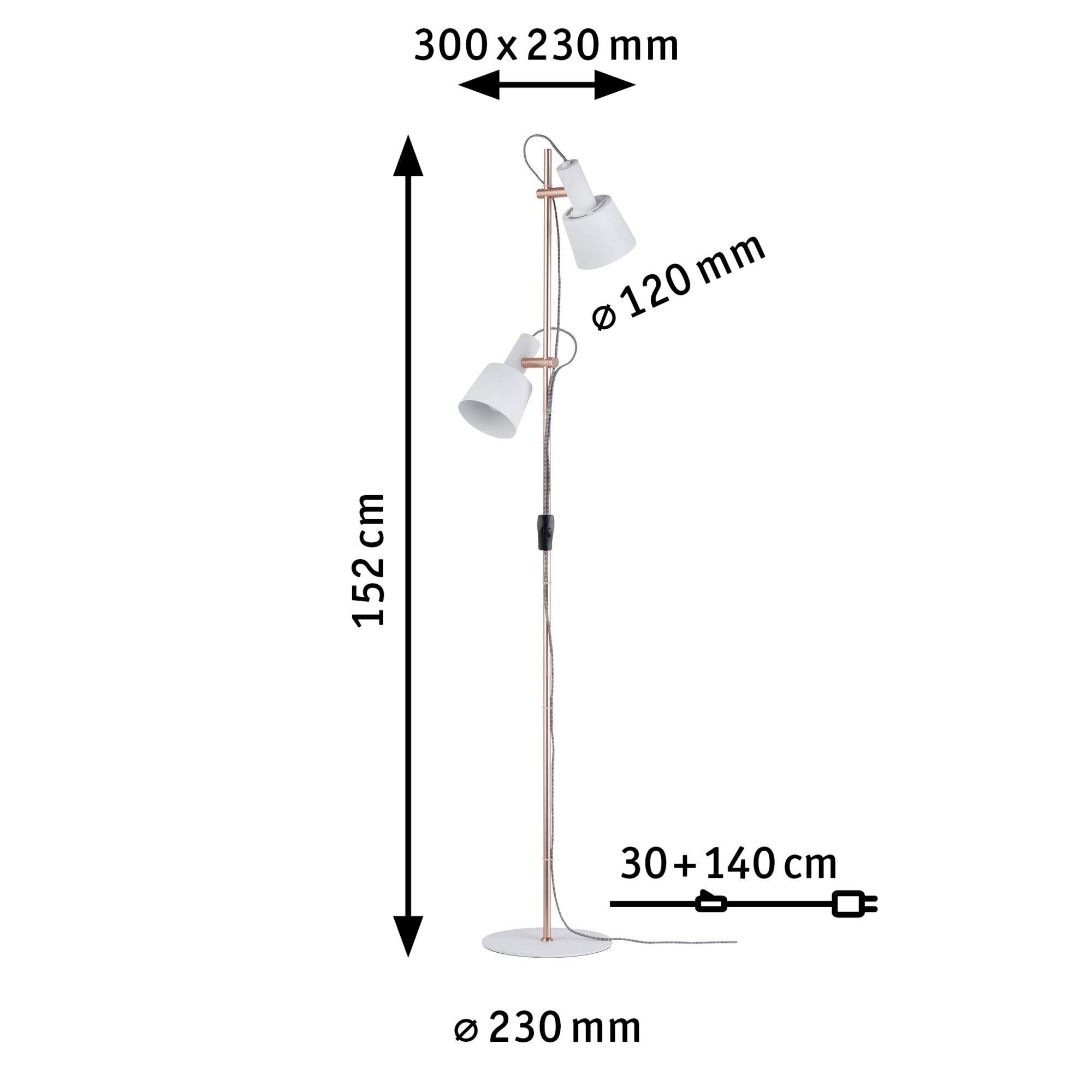 Golvlampa med två vita skärmar, 152 cm hög, Ø 230 mm, armar 300 x 230 mm, skärmar Ø 120 mm, justerbar 30 + 140 cm.