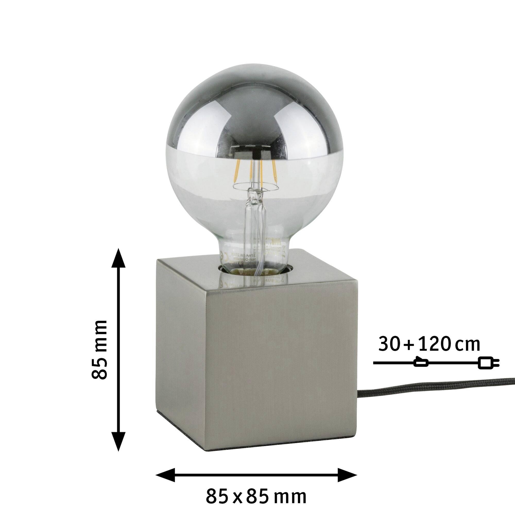 Metallisk bordslampa med kvadratisk bas, glödlampa överst. Mått: Bas 85x85 mm, höjd 85 mm, sladdens längd 150 cm.