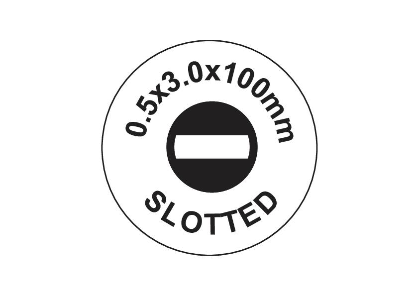 En symbol för en spårskruvmejsel med texten '0,5x3,0x100 mm SLOTTED', som anger verktygets storlek och typ.