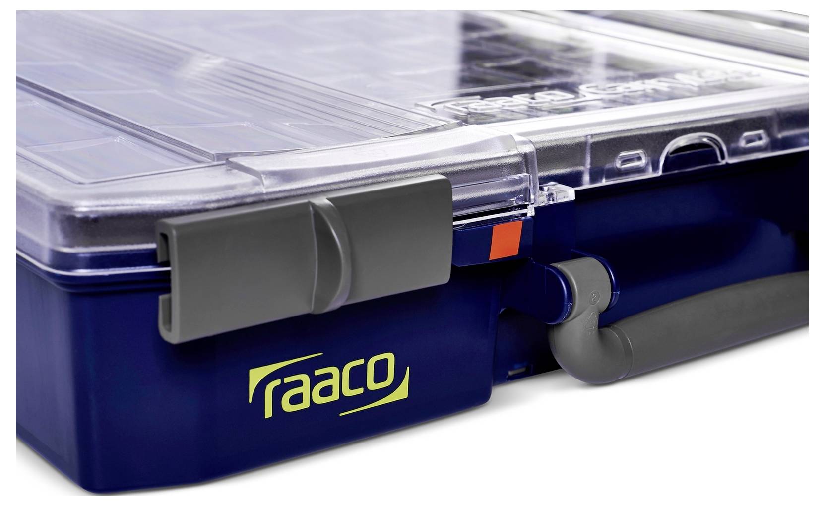 Organisationslåda med transparent lock, mörkblått hölje och grå stängning. Märkning 'raaco' på framsidan.