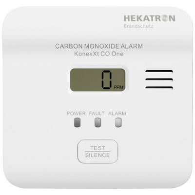 Kolmonoxidvarnare med digitalt display visar '0 PPM', tre knappar för test, tyst läge och larmfunktioner. Märke: Hekatron.