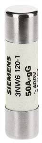 Säkring från Siemens, typ '3NW6 120-1', 50 Ampere, 400 Volt. Cylinderformad, med metallkåpor i båda ändar.