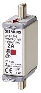En Siemens-säkring med påskriften '3NA6 802 NH000-gL/gG 500V/120kA 2A'. Tillverkad i Tyskland, IEC 60269.