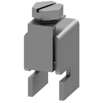 Grå, rektangulär metalldetalj med skårad skruvhuvud och två parallellt löpande, öppna ändar nedtill, liknande ett klammersdesign.