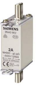 En rektangulär säkring från Siemens, modell 3NA3 802, med en strömstyrka på 2A och en spänning på 500V.