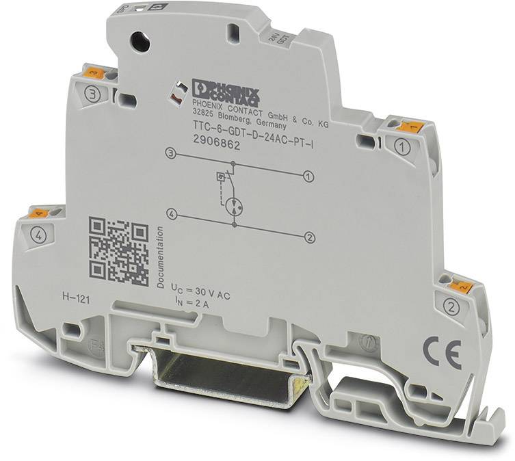 Reihenklämmemodul från Phoenix Contact, modell TTC-6-DUT-24AC-PT-1, med tekniska specifikationer och QR-kod för dokumentation.