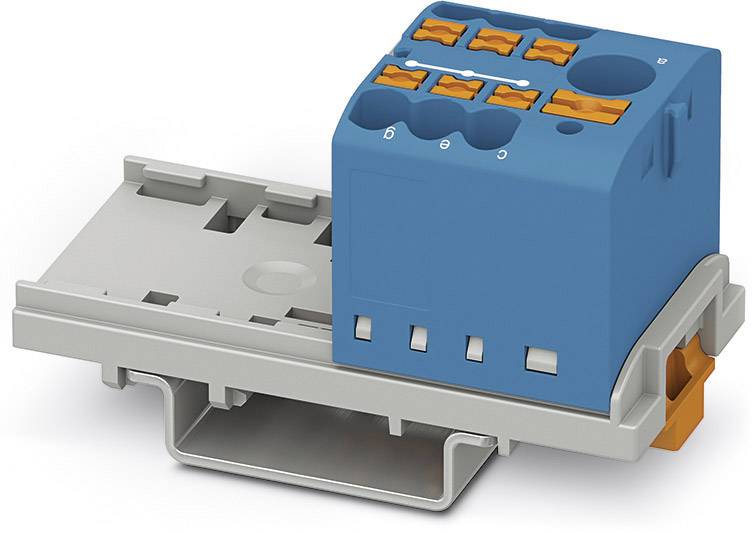 En elektrisk kontakt med blå och grå hölje, visar sex anslutningspunkter och orangefärgade hävarmarna för fastsättning.