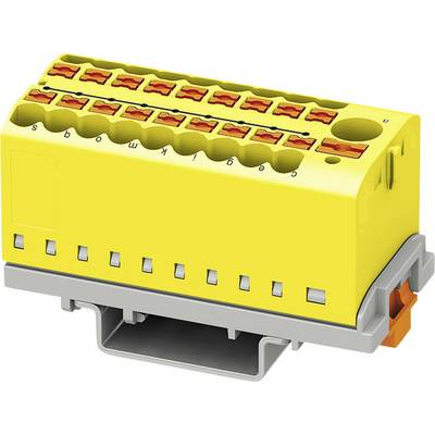 Gul elektrisk kontaktblock med flera anslutningsklämmor. Innehåller märkningar med bokstäver från s till t.