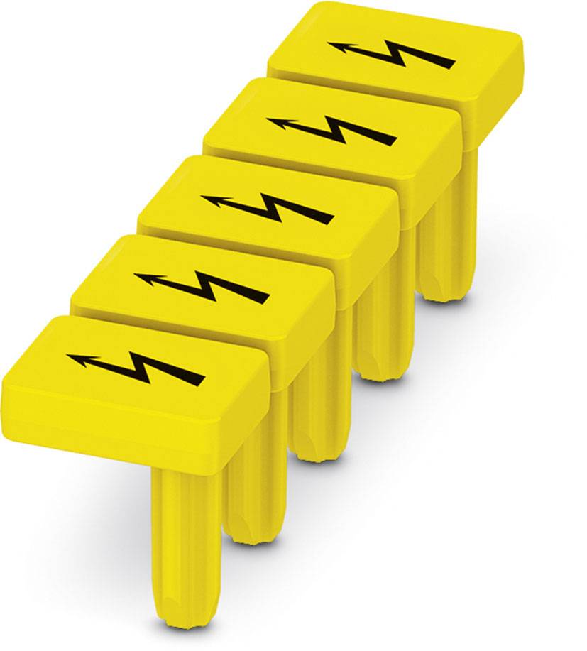 Fem gula plastnycklar med svarta blixtSymboler, arrangerade i en diagonal rad.