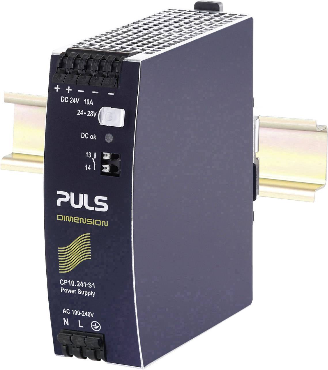 En switchad nätaggregat från PULS för DIN-skena, modell CP10.241-S1. Ingång 100-240V AC, utgång 24V DC, 10A.