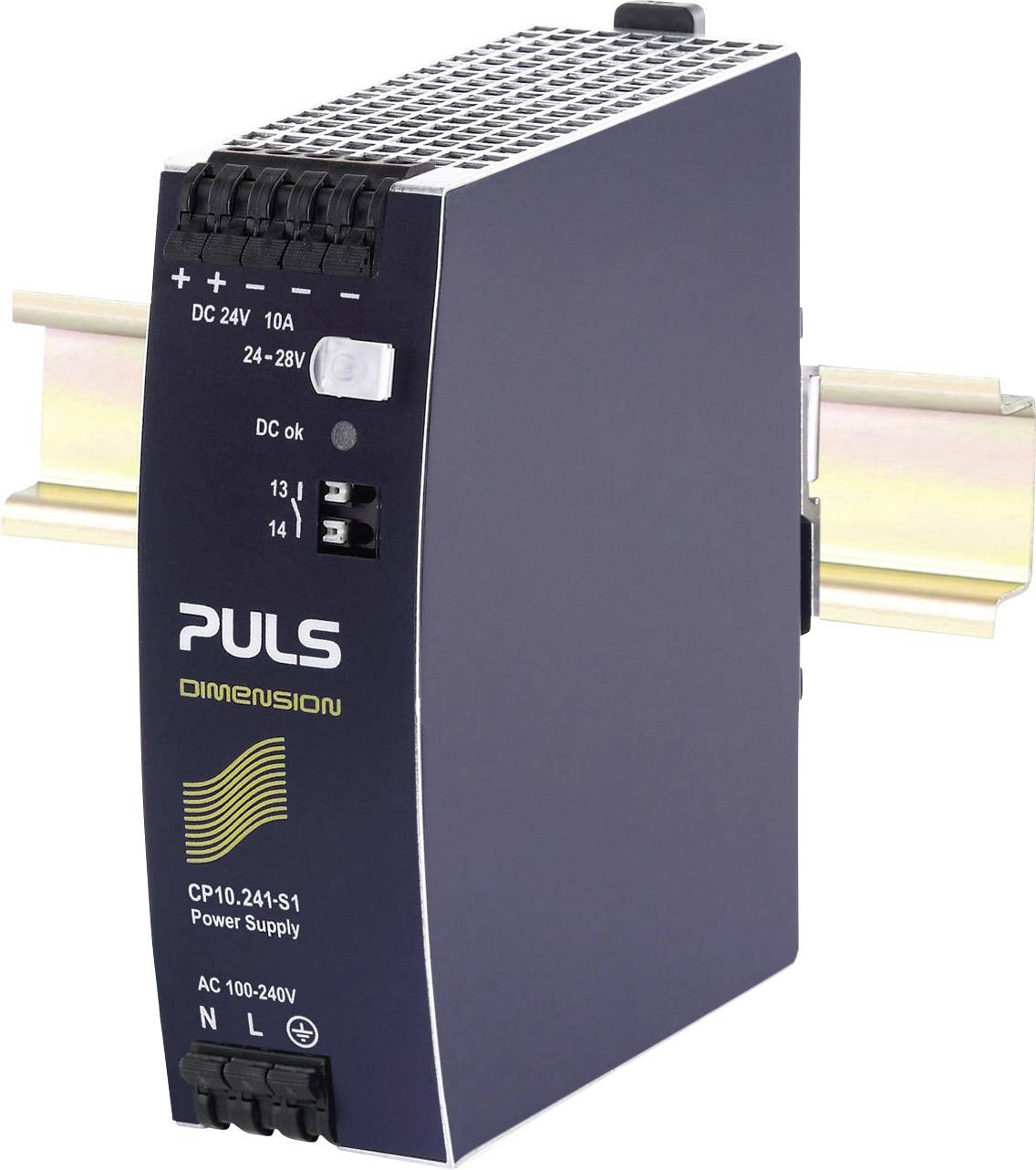 Ett switching nätaggregat från märket PULS, modell CP10.241-S1, monterat på DIN-skena, lämpligt för 24 V DC med 10 A utgångsström.