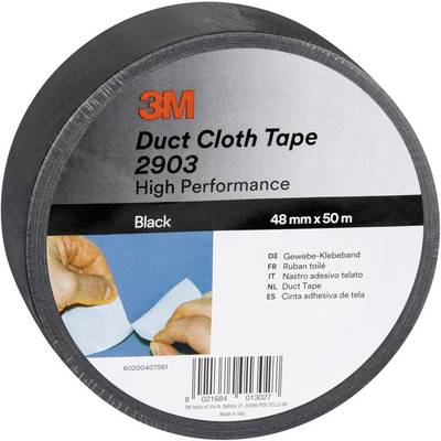 Rulle 3M Duct Cloth Tape 2903, högpresterande, svart, 48 mm x 50 m, med produktetikett och streckkod.
