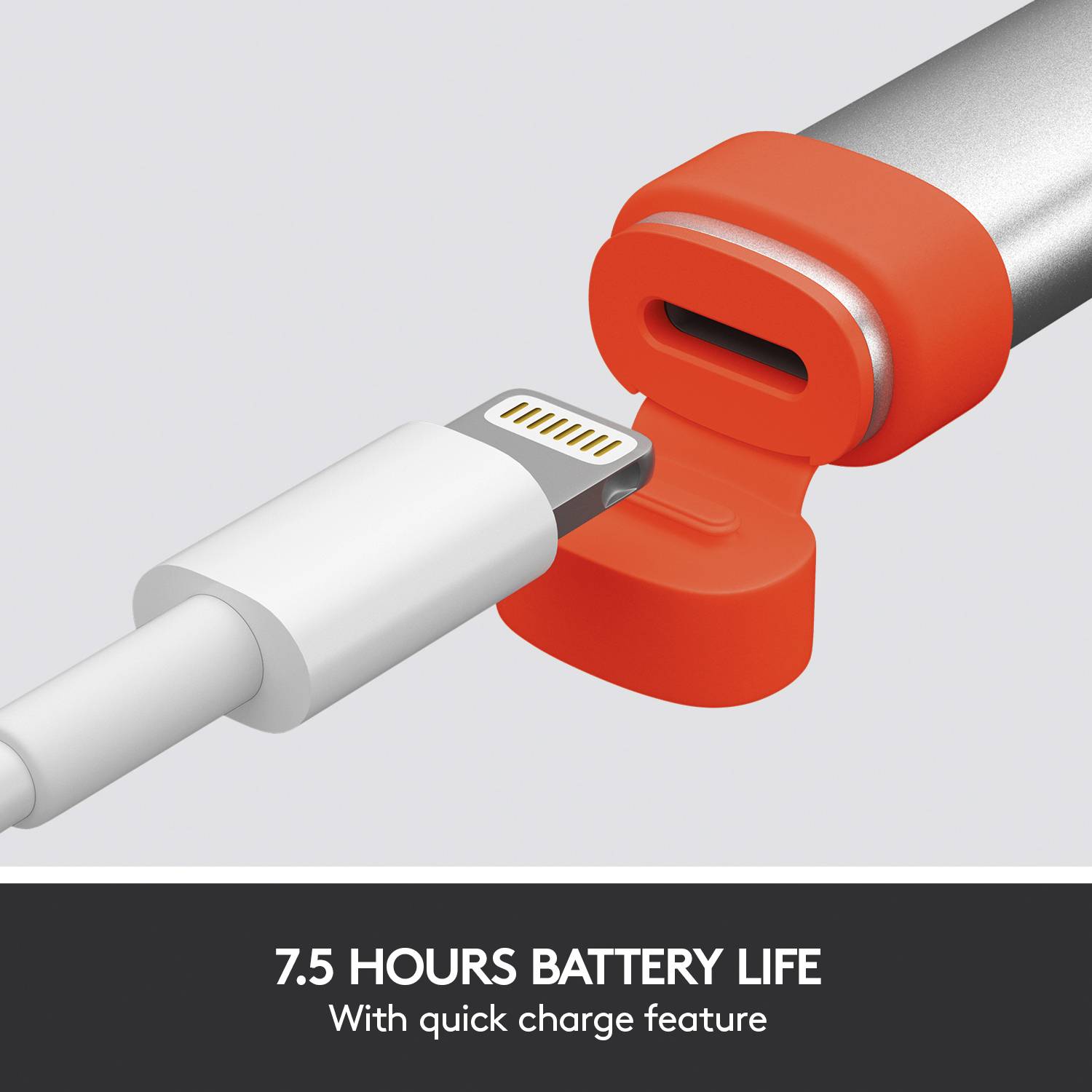 Ett laddningskabel sätts in i en röd adapter. Längst ner står det "7,5 timmars batteritid med snabbladdning".