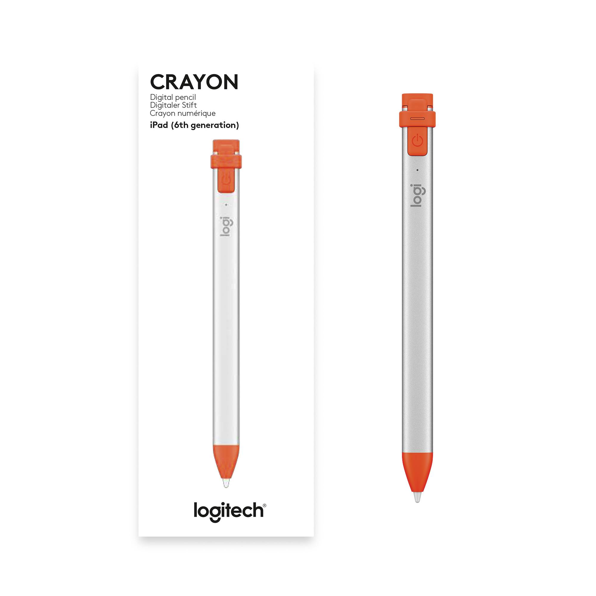 Logitech Crayon Digital Stylus för iPad (6:e generationen). Visar en penna i orange-grå design bredvid förpackningen med produktnamn och detaljer.