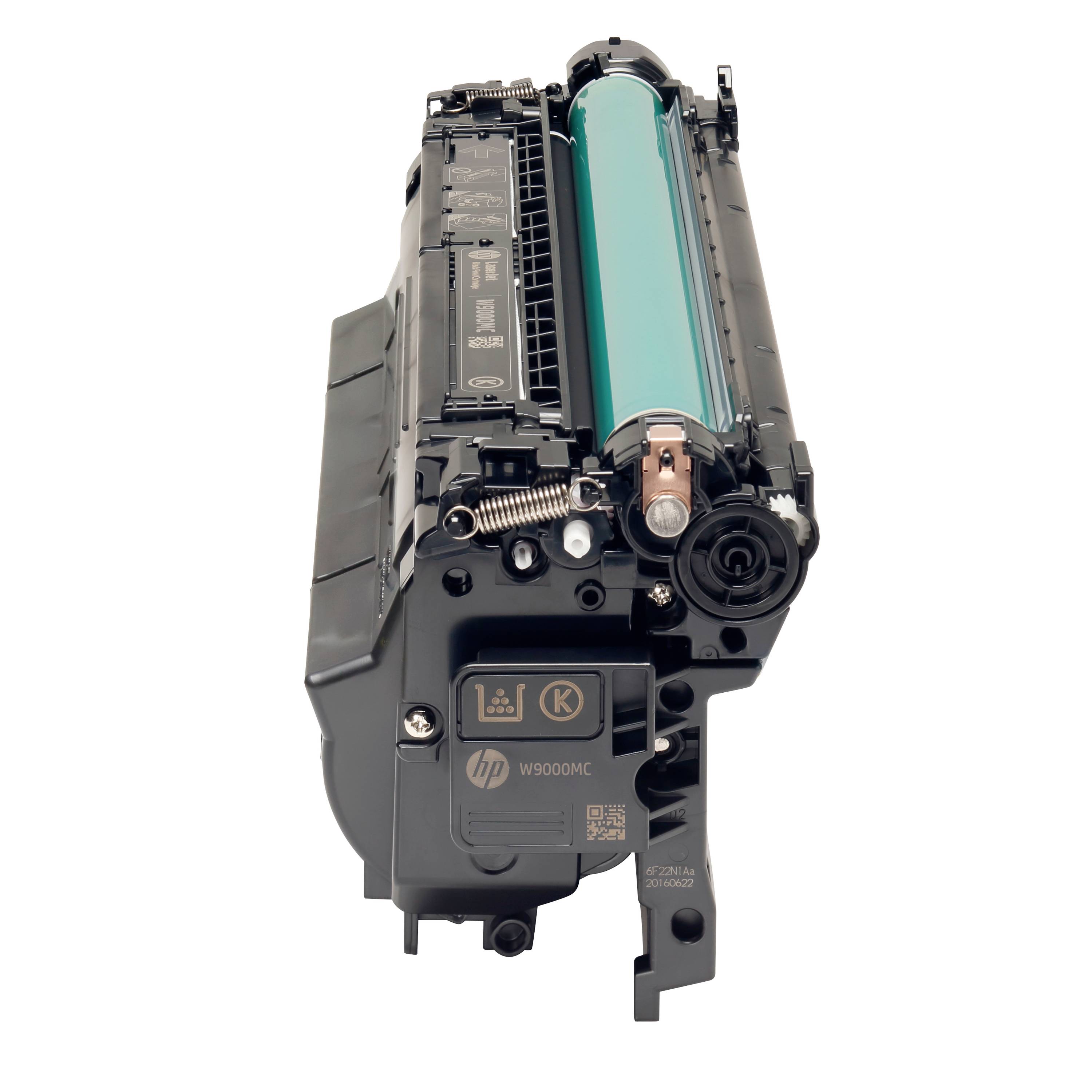 HP W9000MC skrivare toner-/trummelkassett med grön bildningsvals, visad isolerad på vit bakgrund.