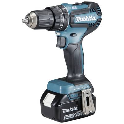 Makita batteridriven skruvdragare, svart-blå, med 18V och 5.0Ah batteri. Lämplig för hemmaprojekt, kompakt och sladdlös.