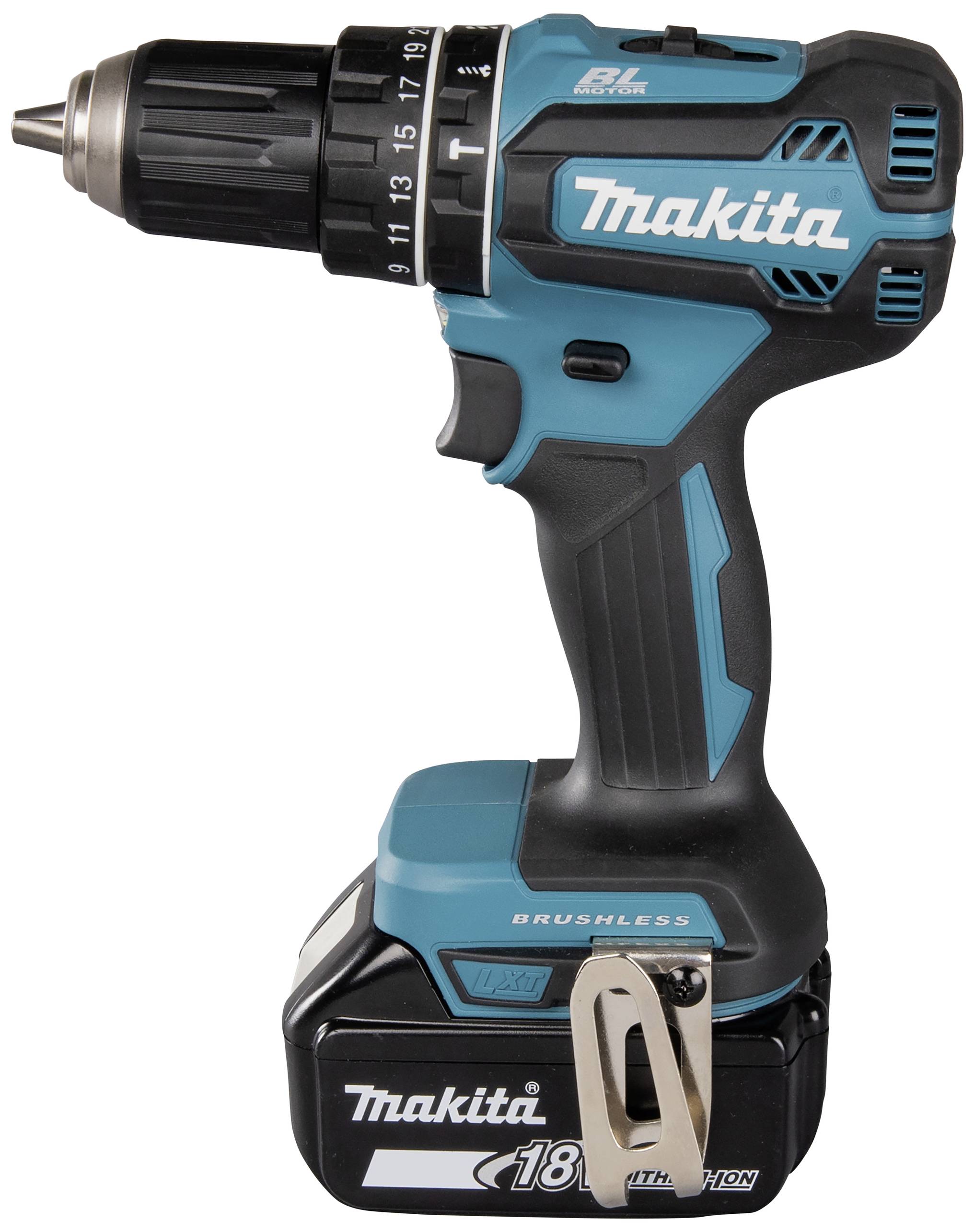 Sladdlös borrskruvdragare från Makita, blå och svart kropp, 18V litiumjonbatteri.