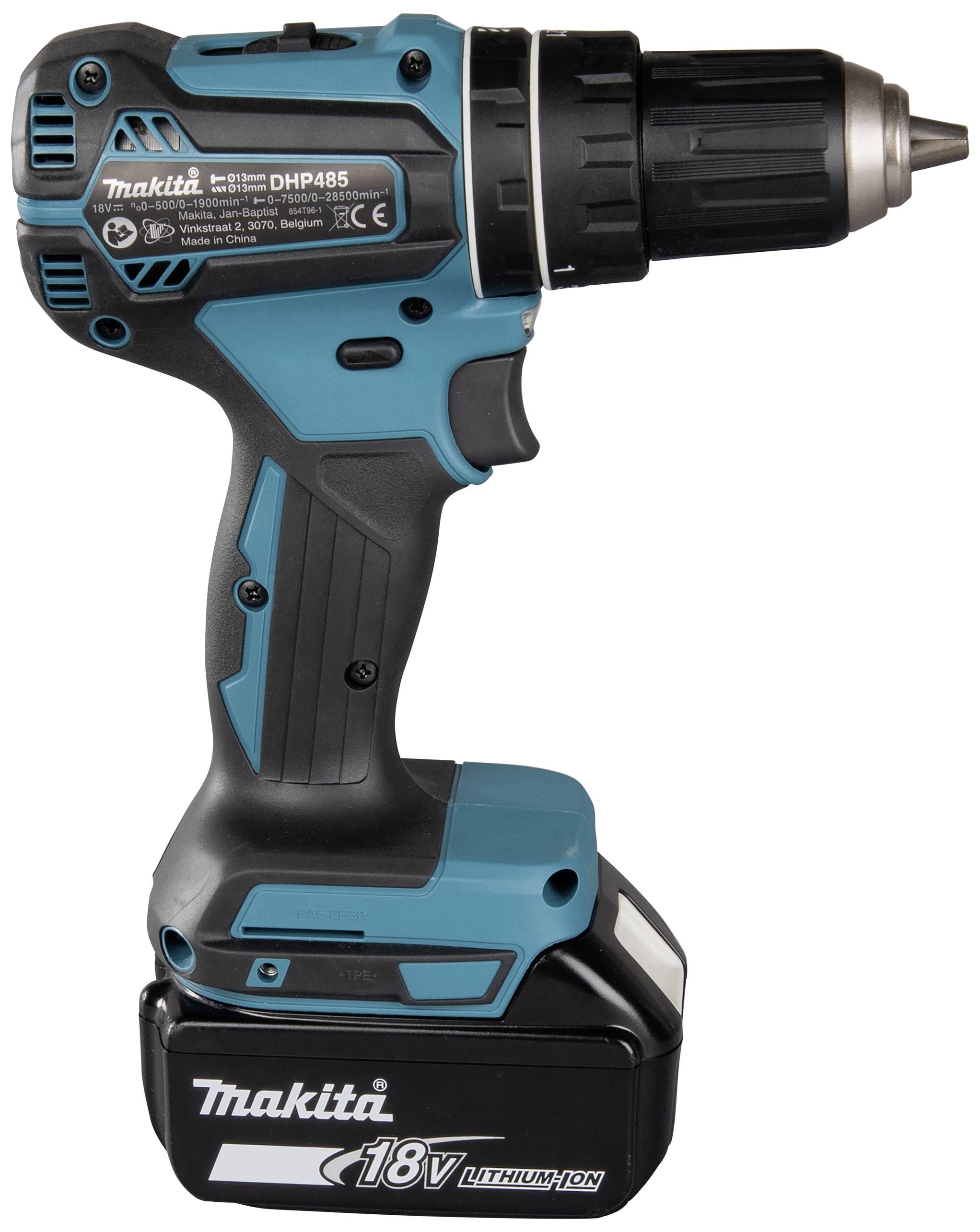 Makita batteridriven skruvdragare i blå och svart med 18V litiumjonbatteri, lämplig för hemmafixarjobb och byggprojekt.