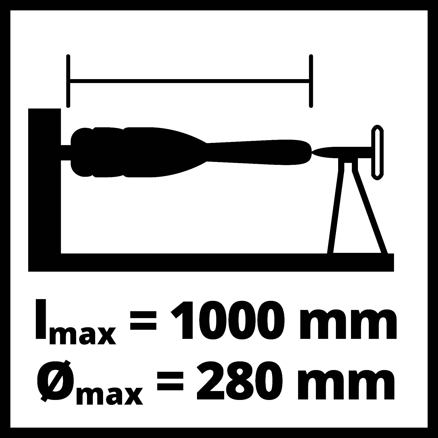 Diameter Maximum 280 mm, Length Maximum 1000 mm. Drawing of a lathe with measured maximum values for workpiece length and diameter.