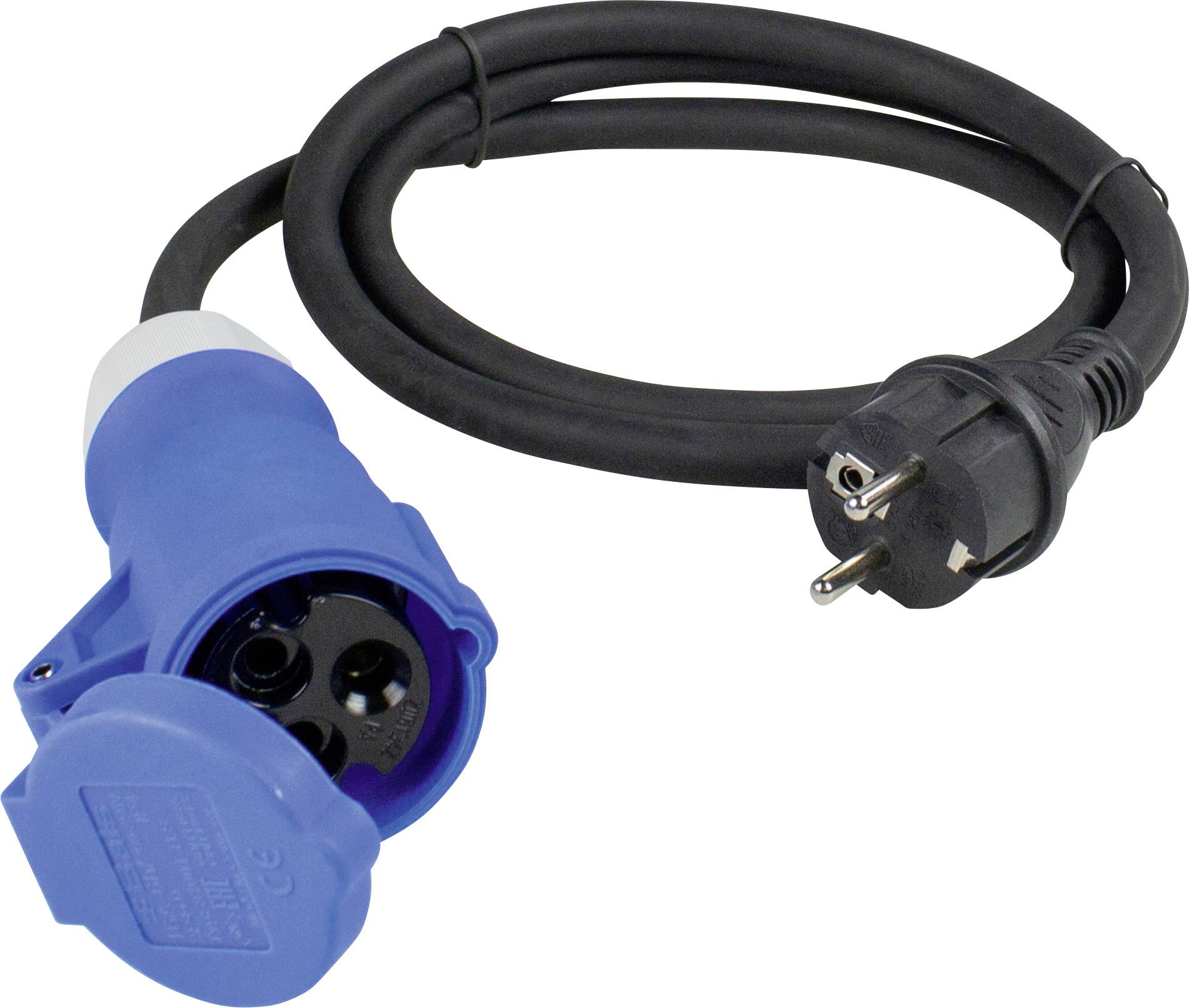 Svart Schuko-kontakt med en blå CEE-adapter på en kabel, använd för strömförsörjning i Europa.