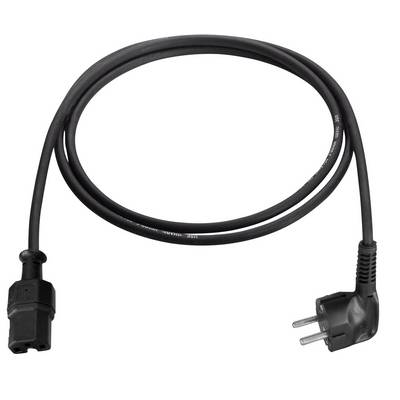 Svart nätverkskabel med en Schuko-kontakt och en IEC-kontakt, ofta använd för datorer eller elektroniska enheter.