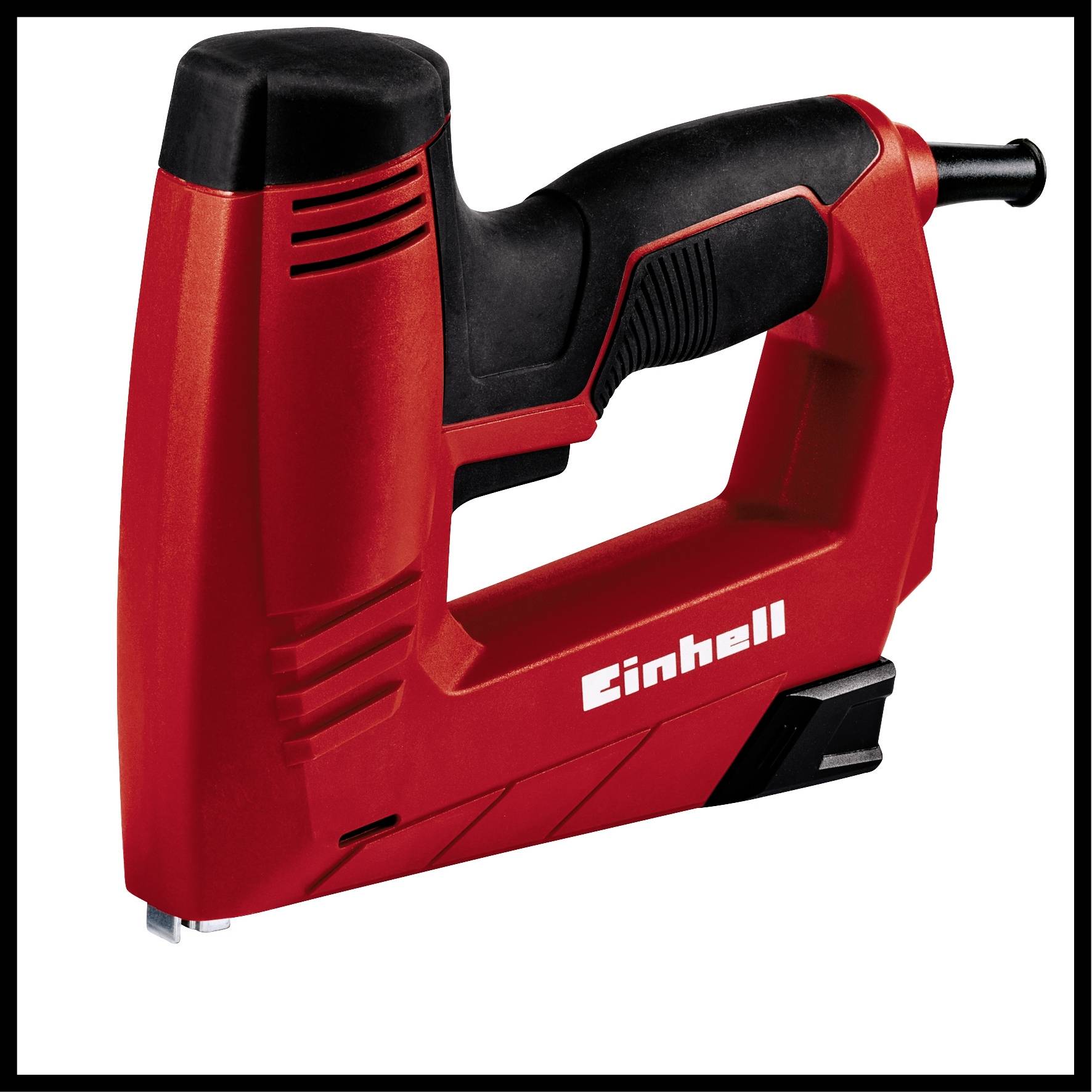 Röd, elektrisk häftpistol med svart handtag och texten 'Einhell' på sidan.