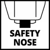 En symbol visar en avrundad rektangulär ram med en markerad svart yta längst ner, under vilken det står 'SAFETY NOSE'.