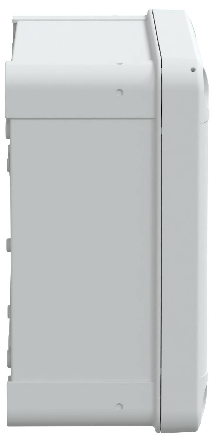 En vit rektangulär låda med en slät yta och avrundade kanter, sedd från sidan, möjligen en elektronisk enhet eller kapsling.