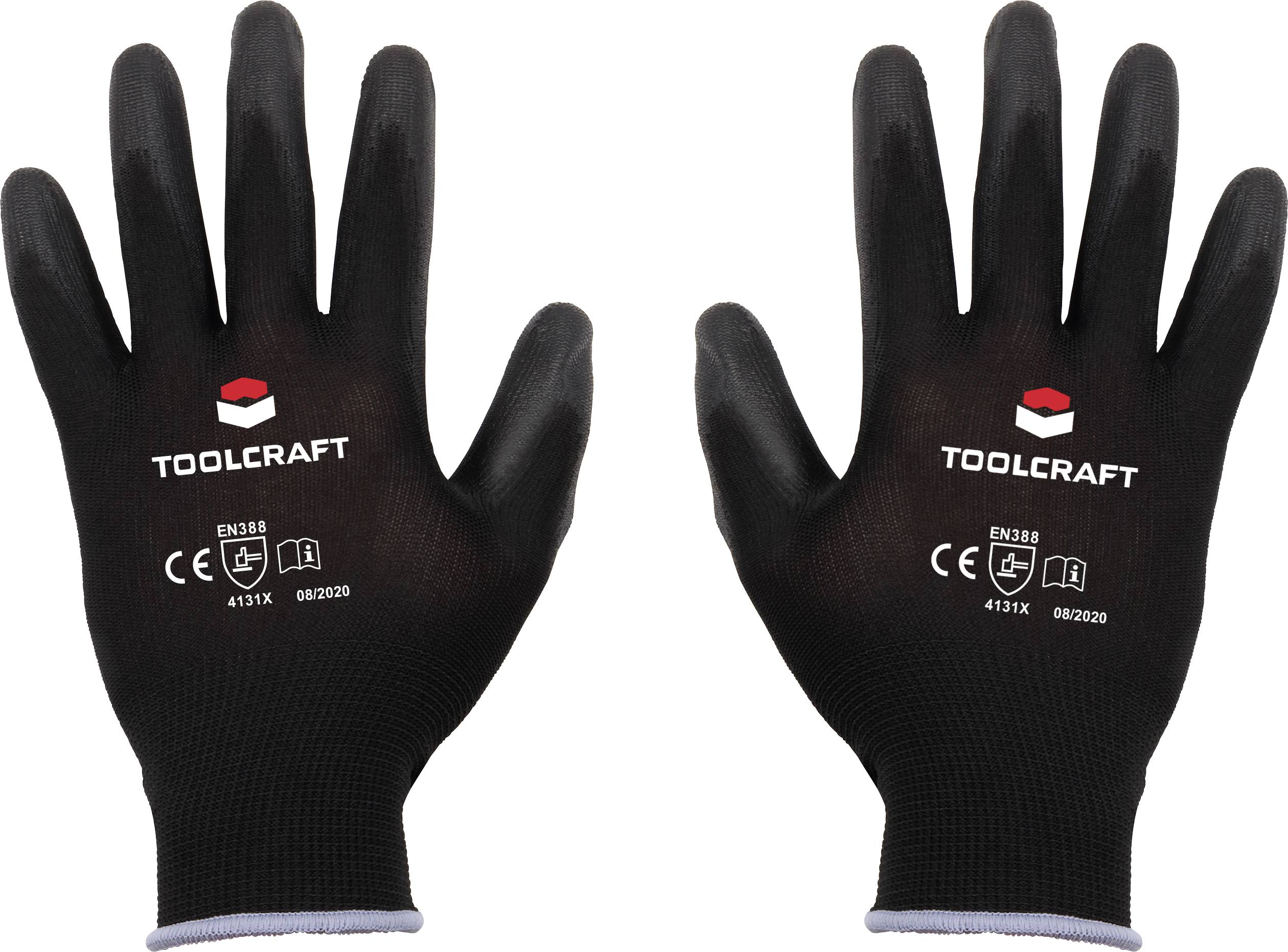 Svarta arbetshandskar med vita säkerhetscertifieringar och 'Toolcraft'-logotypen på handrygg.