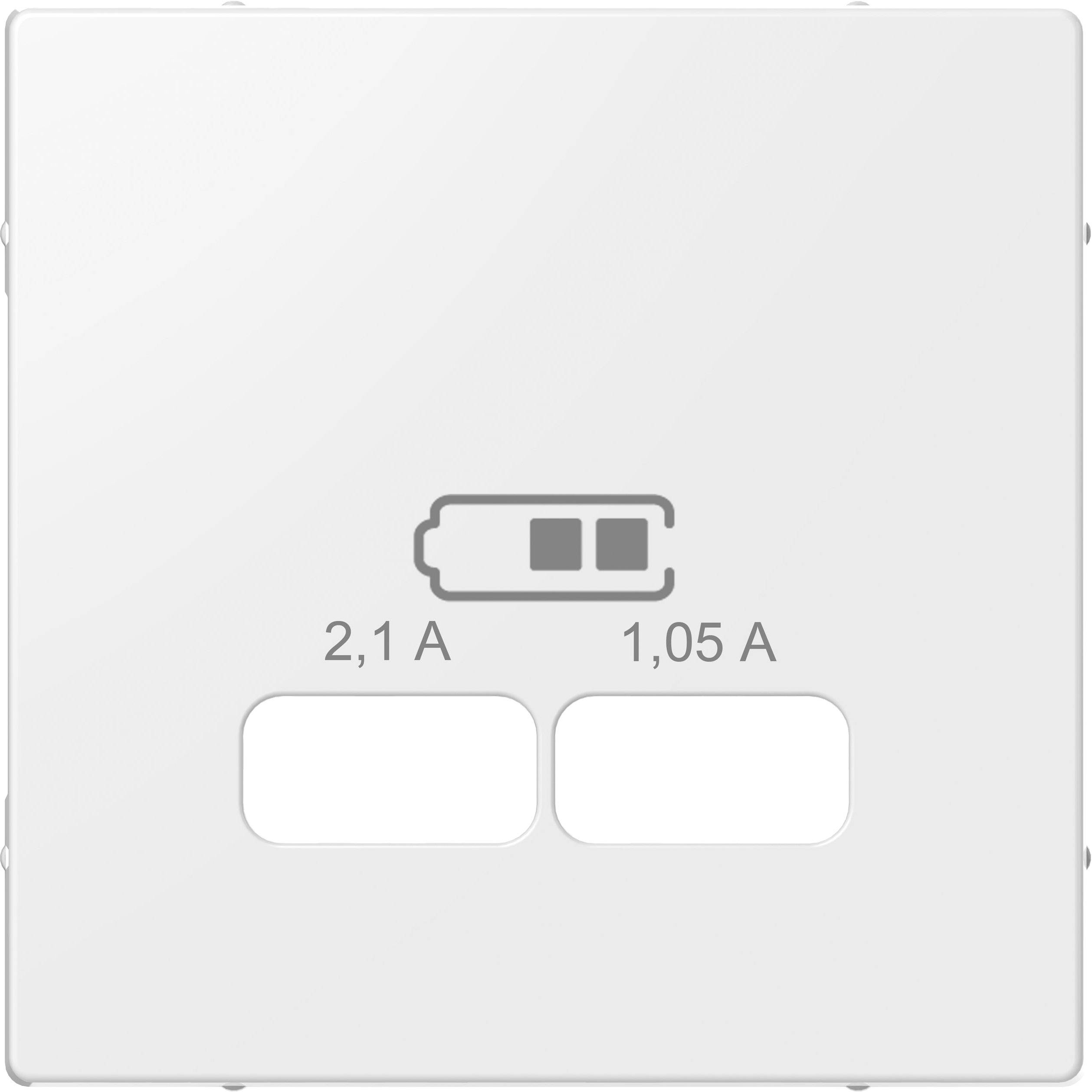 Dubbel USB-laddare med batterisymbol. Vänster '2,1 A', höger '1,05 A'. Lämplig för laddning av enheter samtidigt.