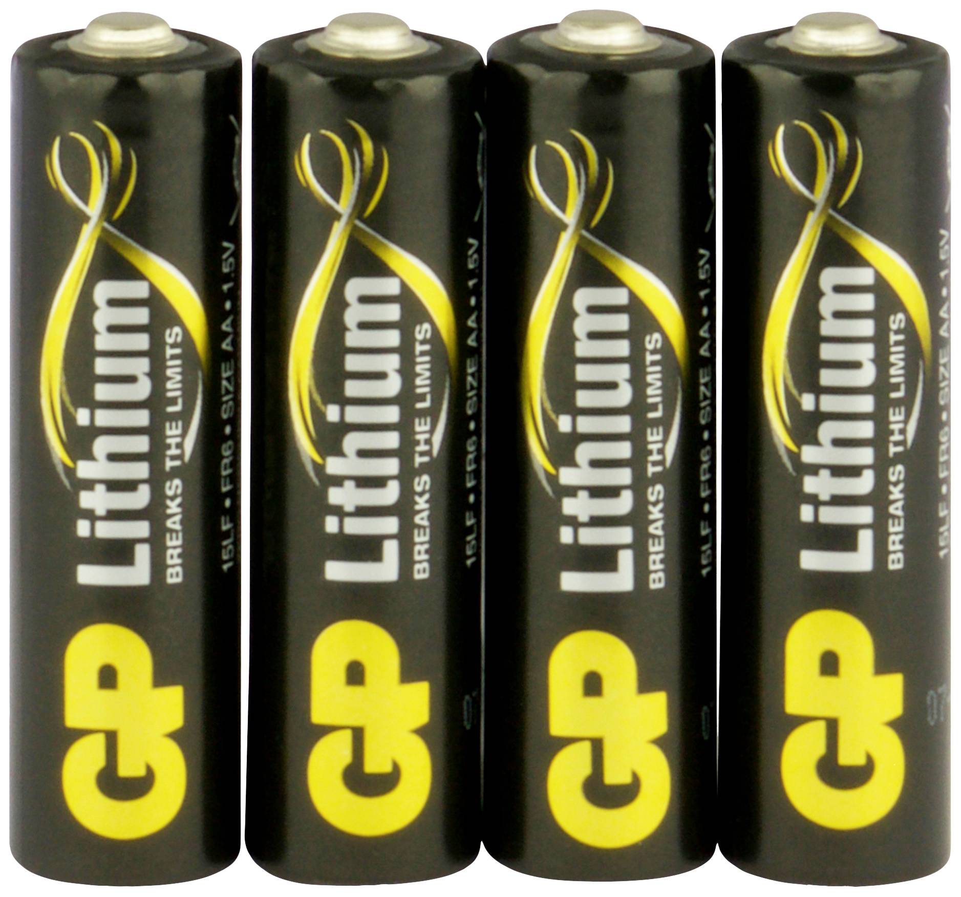 Fyra svarta GP Lithium-AA-batterier placerade bredvid varandra.