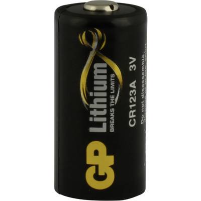 Gul-grön litium-mangan-batteri Ultrafire CR123A 3V med plustecken och vit märkning på svart hölje.