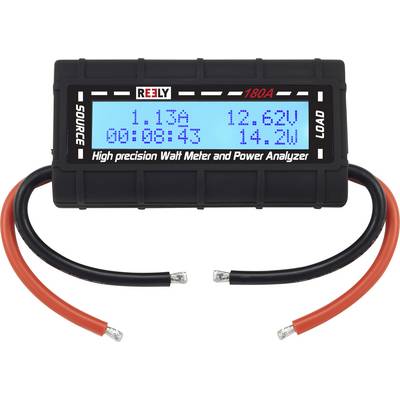 En digital wattmeter visar '1,13A', '12,62V', '00:08:43' och '14,2W' på en blå display med två anslutna kablar.